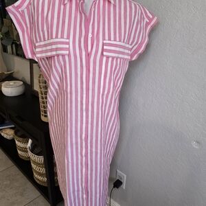 Hugo Boss Driga Striped Linen Shirt Dress White And Pink M